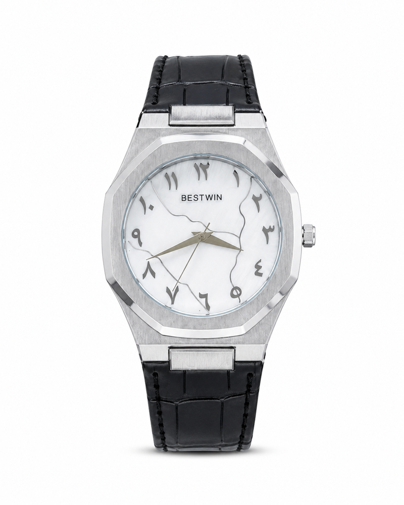 Bestwin leather arabic dial - Silver frame / white dial
